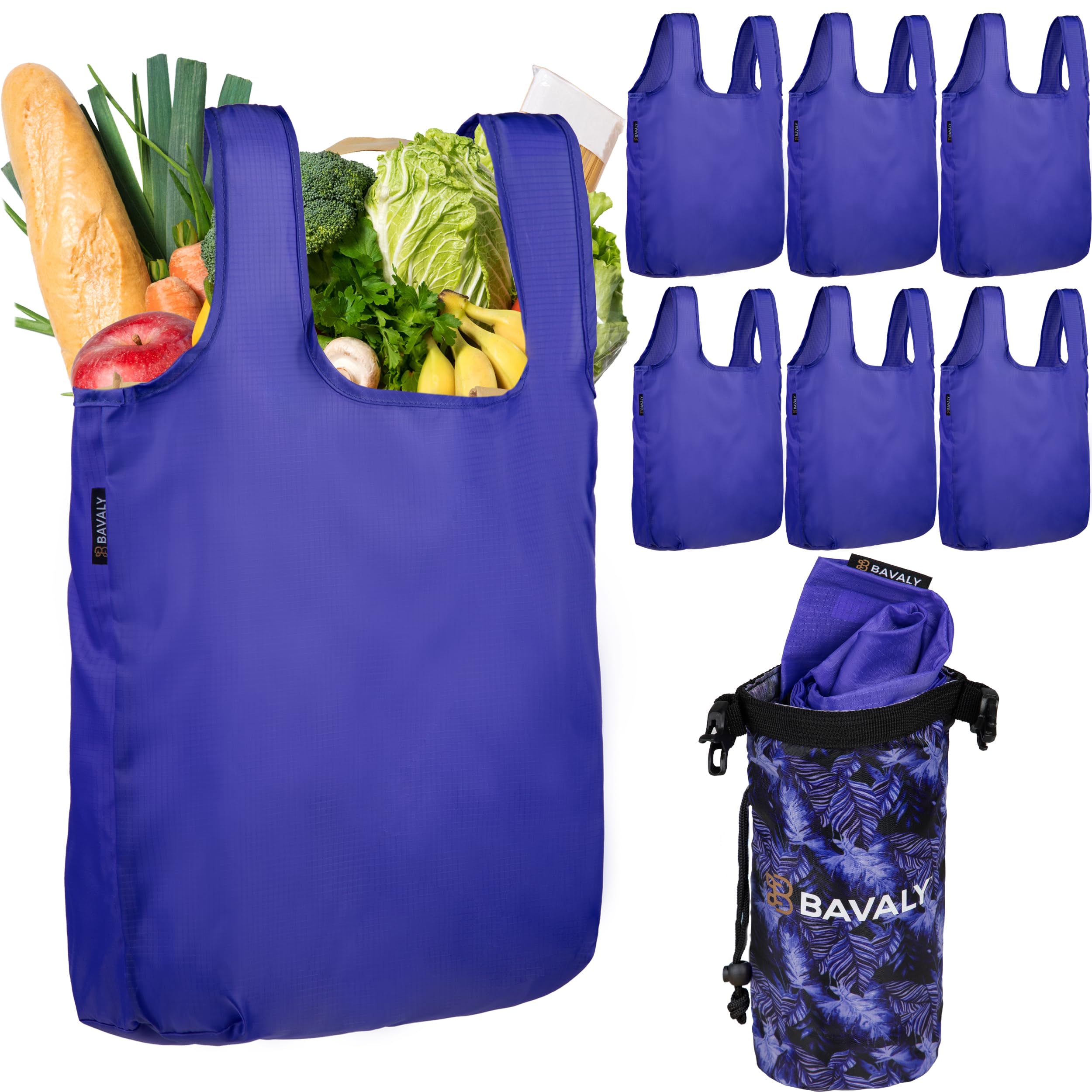 BAVALY 6 Reusable Grocery Bags within a Compact Carry Bag Strong Ripstop Washable Extra Large Tote with Handles Lightweight Carry Clip Wrist Strap Foldable Kitchen Reusable Shopping Bags for Groceries