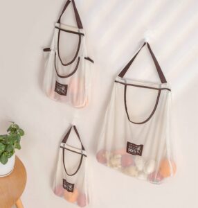 3pack mesh reusable bag mesh bags hanging storage onion holder portable washable cotton mesh string organic organizer|mesh produce bags|eco friendly over the door pantry organizer (3pack-beige)