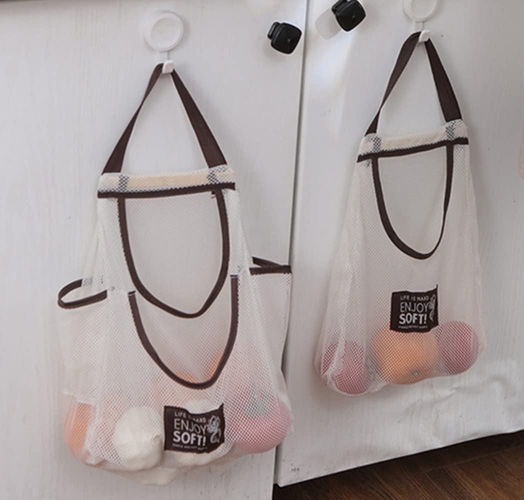 3PACK Mesh Reusable Bag Mesh Bags Hanging Storage Onion Holder Portable Washable Cotton Mesh String Organic Organizer|Mesh produce bags|Eco friendly Over the Door Pantry Organizer (3PACK-Beige)