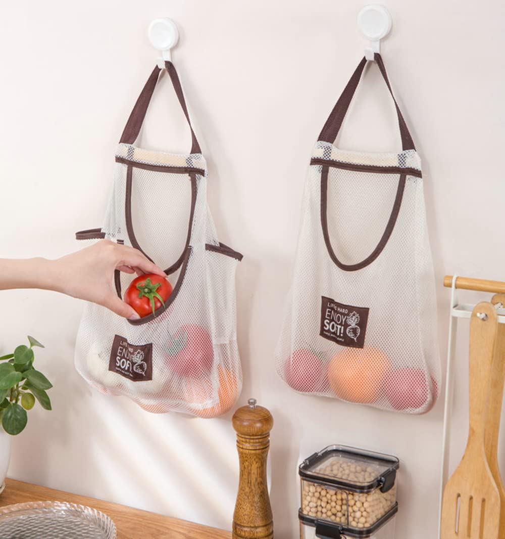 3PACK Mesh Reusable Bag Mesh Bags Hanging Storage Onion Holder Portable Washable Cotton Mesh String Organic Organizer|Mesh produce bags|Eco friendly Over the Door Pantry Organizer (3PACK-Beige)