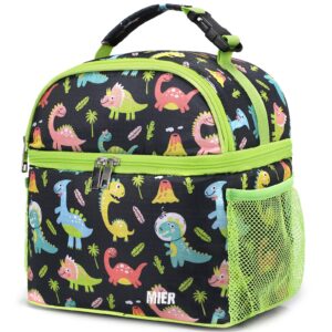 mier kids lunch bag for boys girls insulated toddlers lunch box bags kid lunch cooler tote for school picnic travel outdoor, dual compartments, green/black-dinosaur