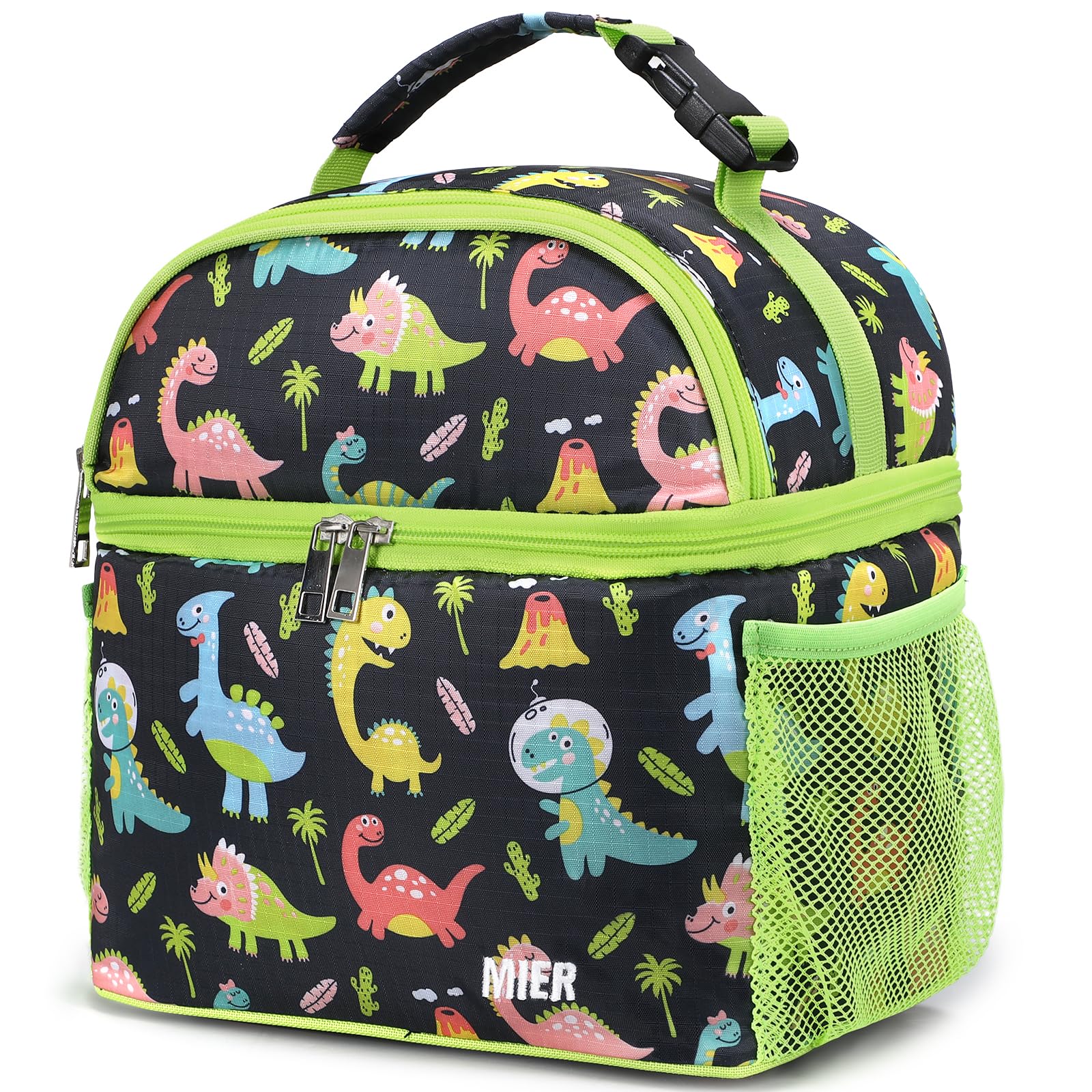 MIER Kids Lunch Bag for Boys Girls Insulated Toddlers Lunch Box Bags Kid Lunch Cooler Tote for School Picnic Travel Outdoor, Dual Compartments, Green/Black-Dinosaur