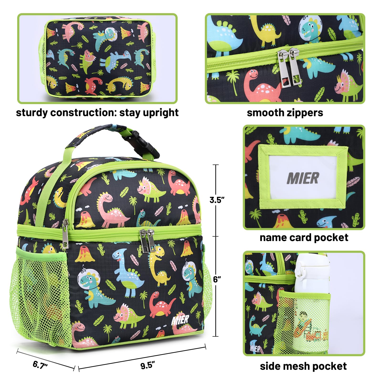 MIER Kids Lunch Bag for Boys Girls Insulated Toddlers Lunch Box Bags Kid Lunch Cooler Tote for School Picnic Travel Outdoor, Dual Compartments, Green/Black-Dinosaur