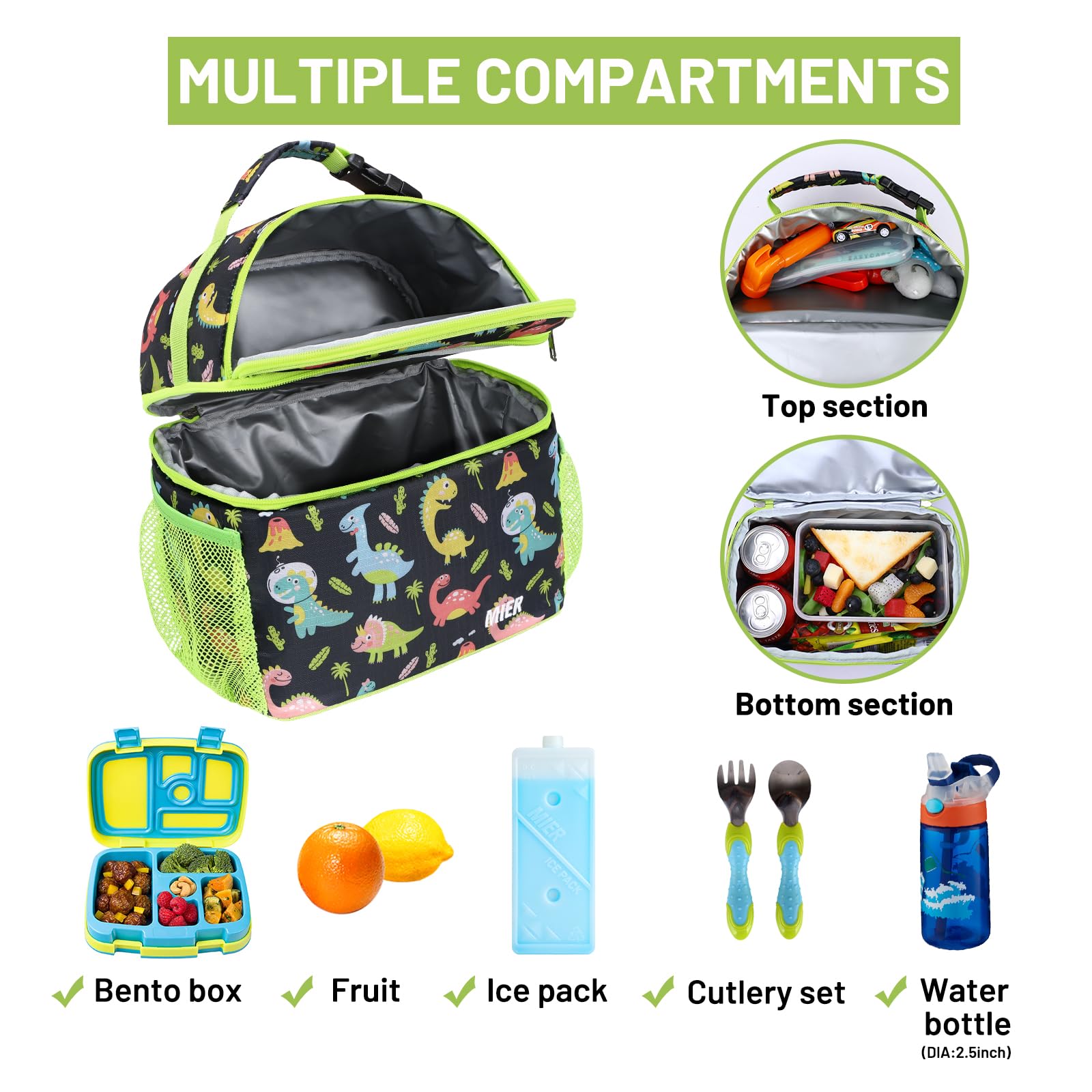 MIER Kids Lunch Bag for Boys Girls Insulated Toddlers Lunch Box Bags Kid Lunch Cooler Tote for School Picnic Travel Outdoor, Dual Compartments, Green/Black-Dinosaur