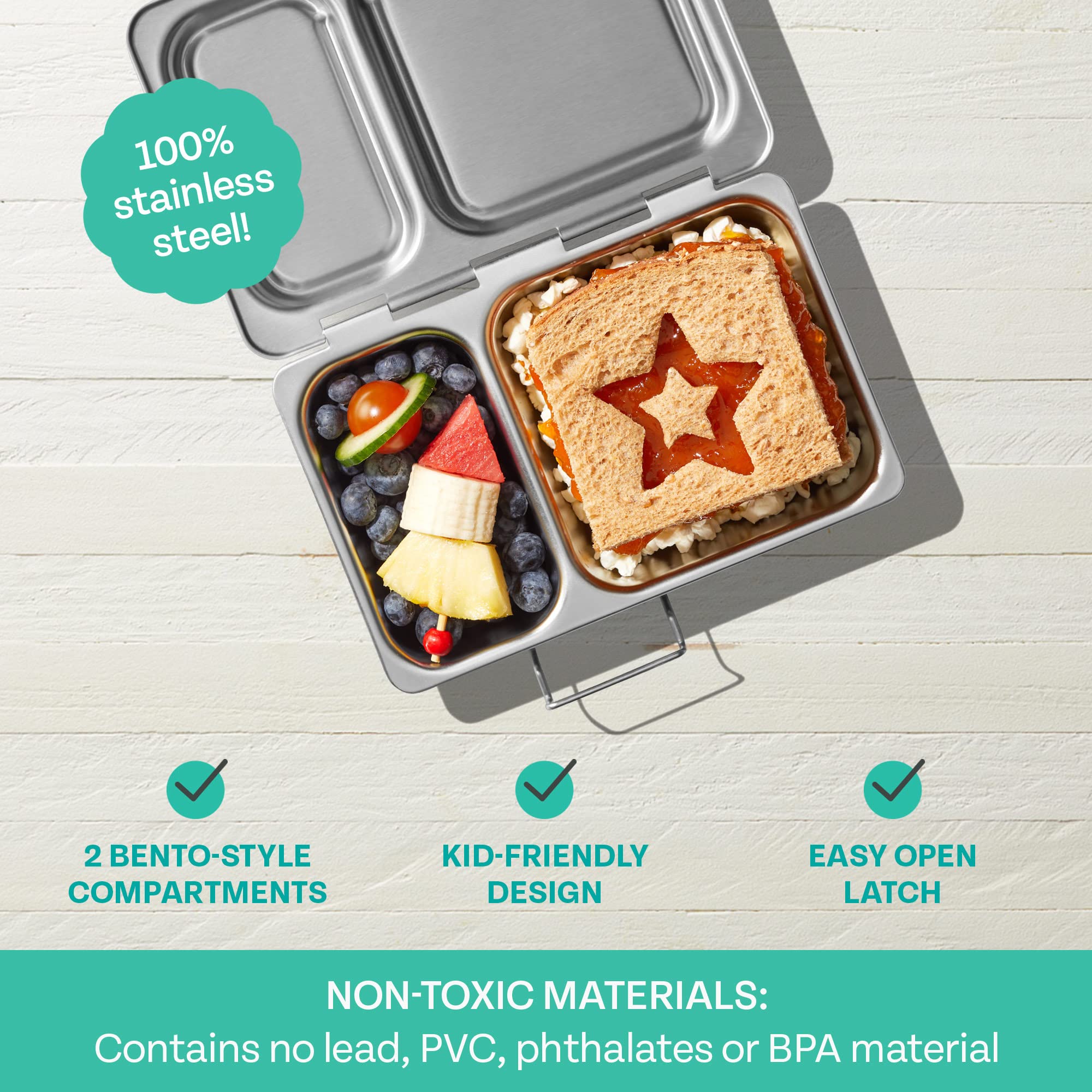 PlanetBox SHUTTLE classic stainless steel bento lunch box with 2 compartments for adults and kids