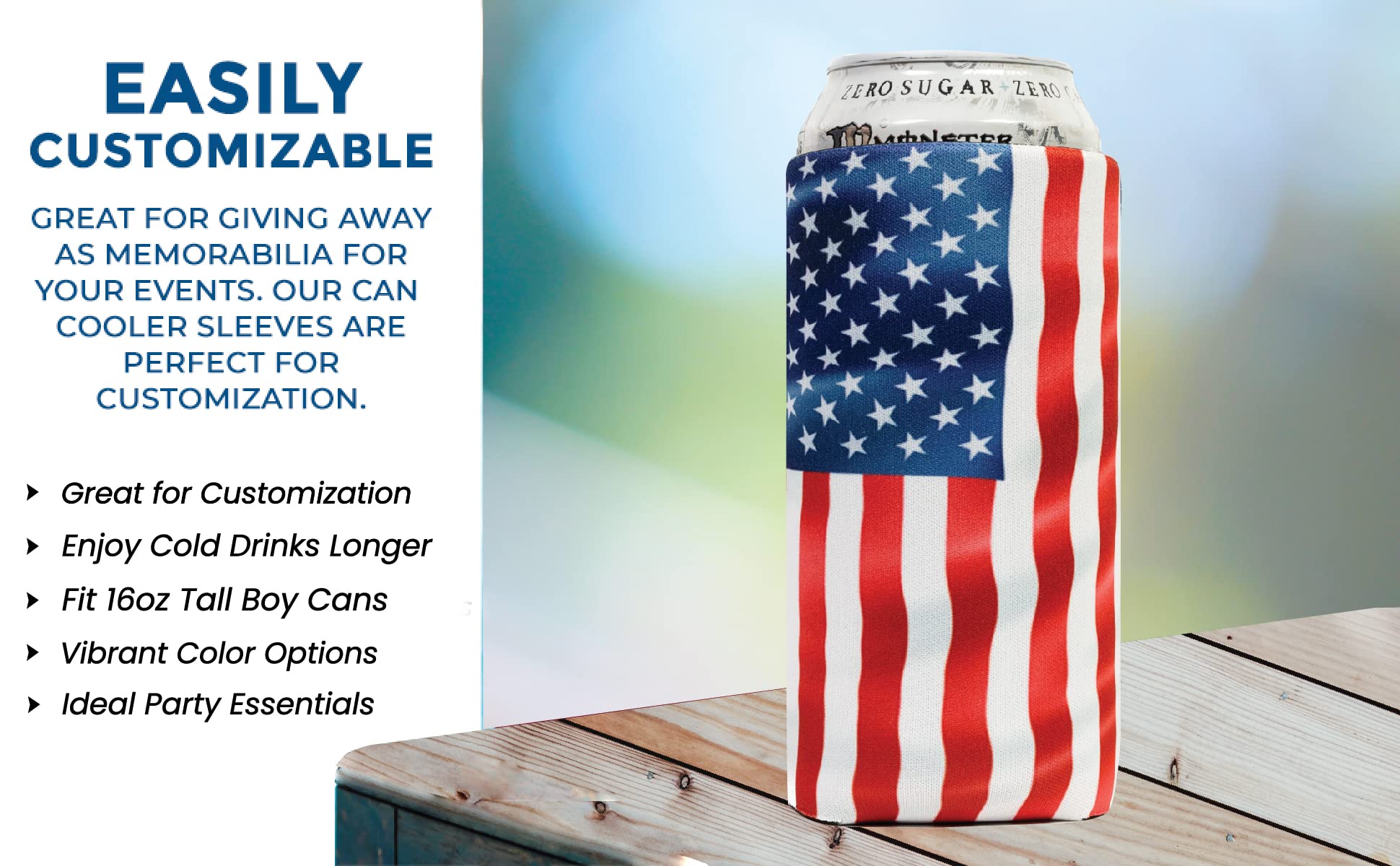 QualityPerfection Can Cooler Sleeves, 16 oz Neoprene Blank Beer Coolers (Pack of 6) Thick Fabric Tall Beer Collapsible Drink Coolies, Thermocoolers 16 ounce Tall Boy (Flag on the wind)