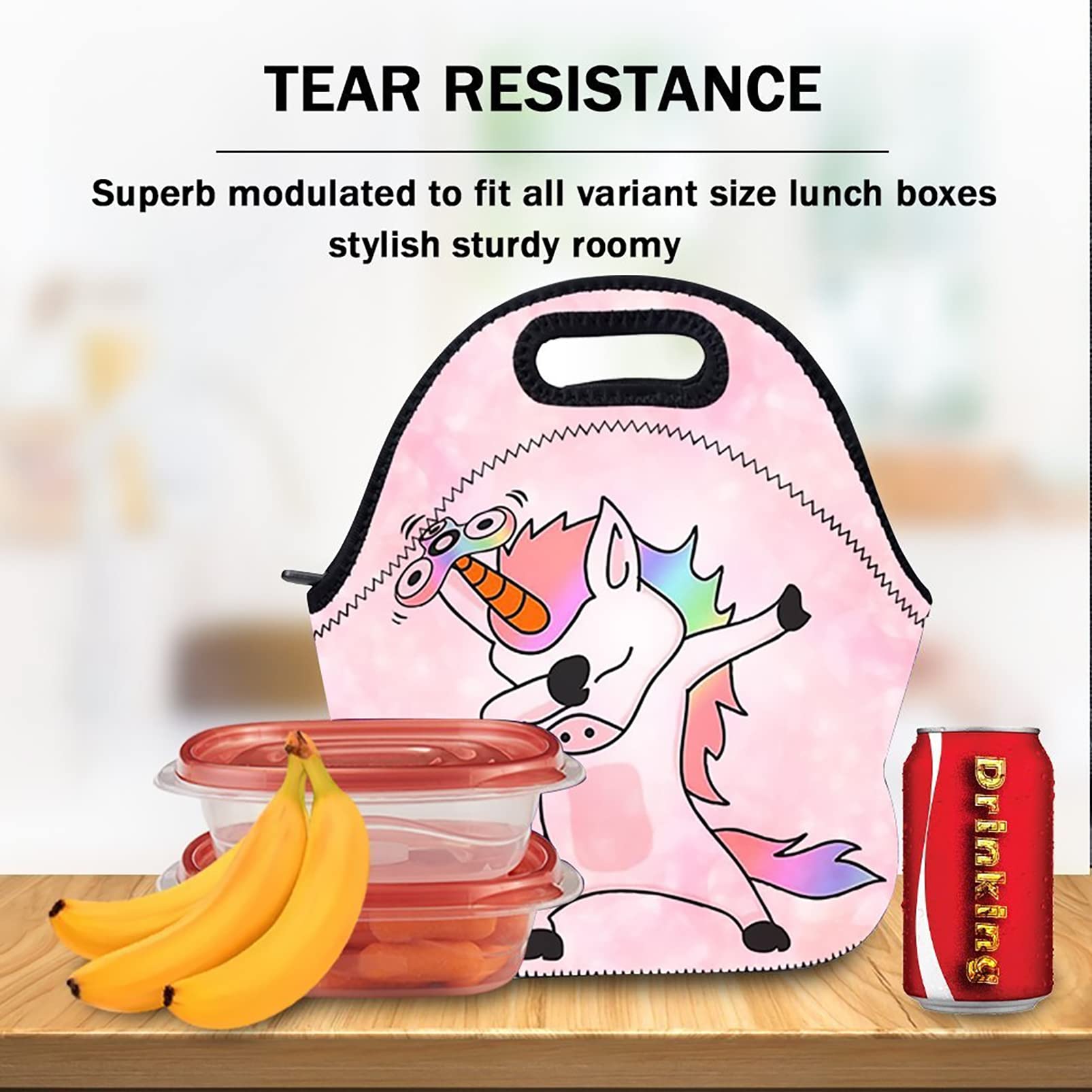 AOTIGO Dab Unicorn Dabbing Dance Neoprene Lunch Bag Insulated Lunch Box Waterproof Lunch Tote Bag with Zipper for Women Kids Boys Girls and Men