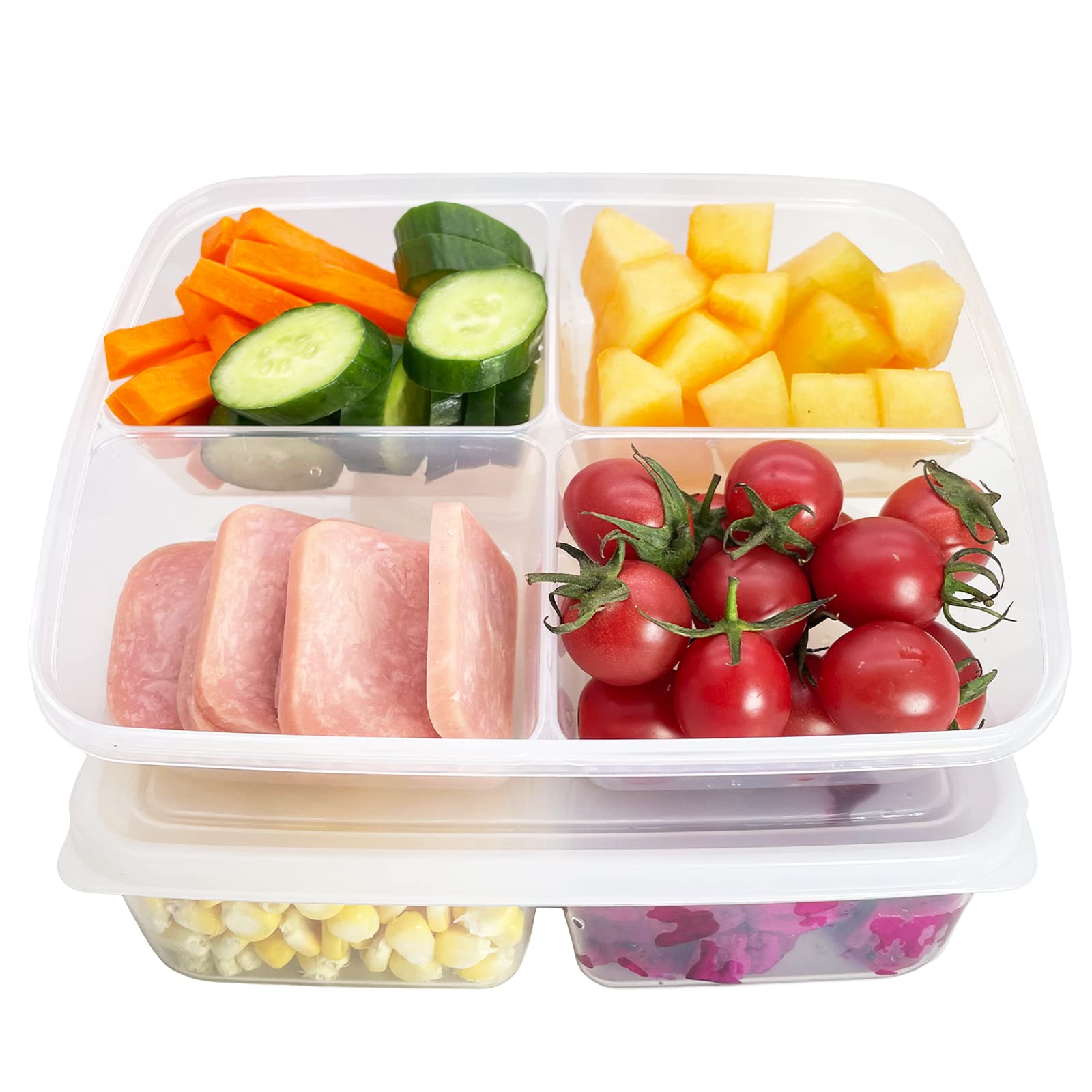 TeTeBak Bento Box - 4-Compartment Reusable Bento Lunch Box for School, Work, and Travel, Food Prep Containers, Snack Containers for Kids, Portion Control Bento Lunch Box for adult, Set of 2, Clear