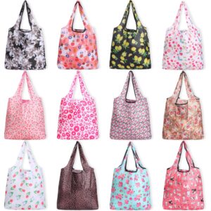 12 pcs reusable reusable grocery bags pouch bulk x-large 50lbs grocery bags foldable shopping bags machine washable nylon fabrics foldable grocery bags grocery tote waterproof bags with pouch (cute)
