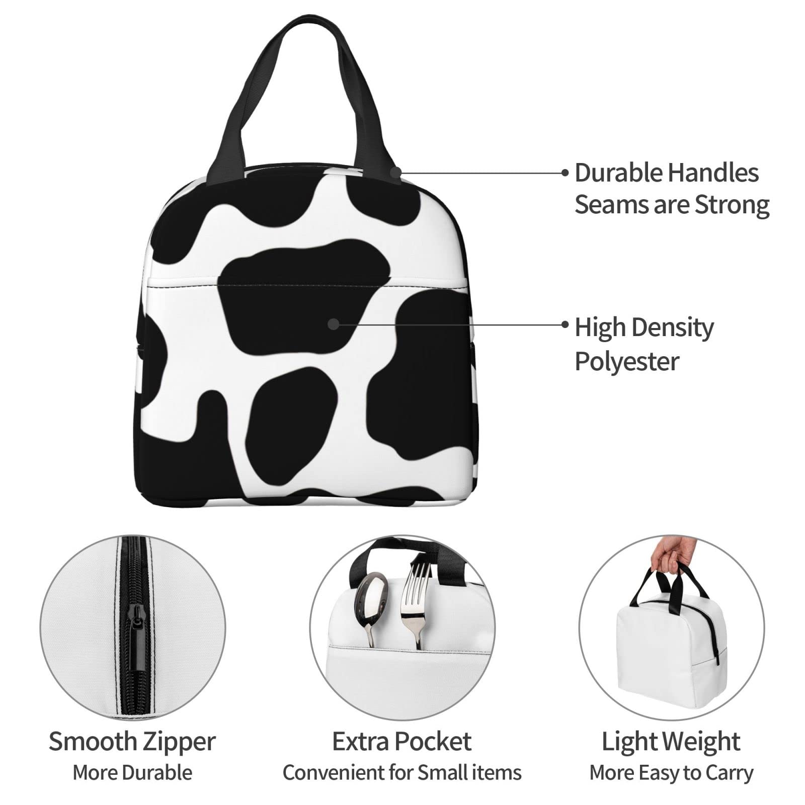 Black And White Cow Print Bags Reusable Snack Bag Food Container For Boys Girls Men Women School Work Travel Picnic Waterproof Outdoors Game Handbags For Adults