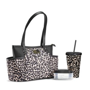 fit & fresh navarto adult insulated lunch bag with side pouches & carry handles, complete lunch kit includes matching tumbler & container, feline fine