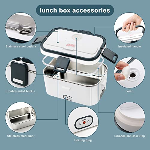 Onanuto Electric Lunch Box Food Heated 12V 24V 110V 3 in 1 Portable Food Warmer Heater 60W Lunch Box for Car/Truck/Home,1.5L Removable Stainless Steel Container, Fork & Spoon Included