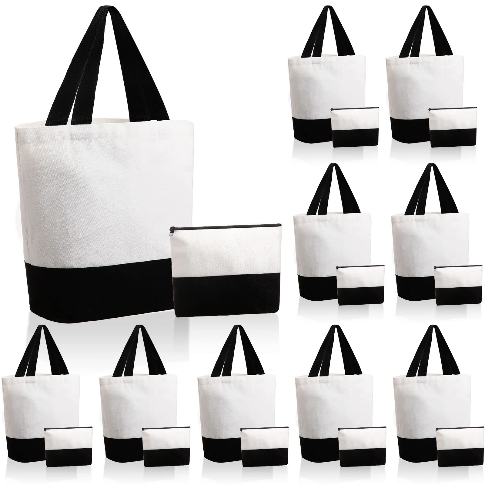 LEIFIDE 20 Pieces Canvas Tote Bag and Makeup Bag Set Canvas Beach Bag with Handle Canvas Bag for Women Mother Bridesmaids (Black and White)