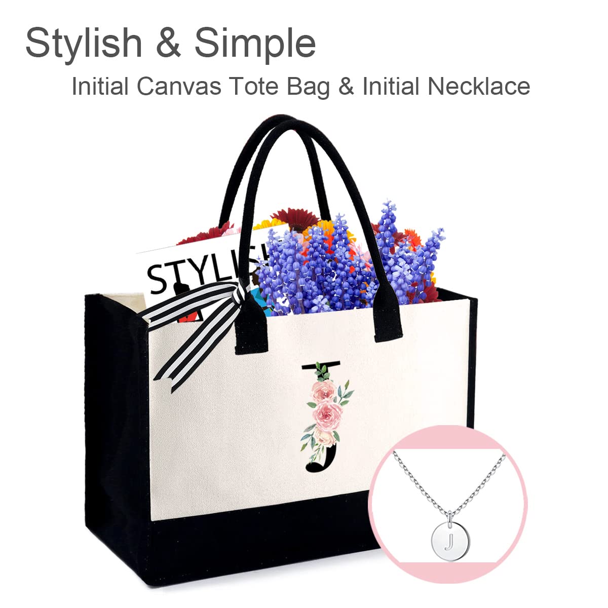 Initial Canvas Tote Bag.Large Canvas Tote Bag for Women.Personalized Birthday Gifts for Women Teacher Bridesmaid.Floral Monogram Tote Bag with Pocket & Initial Necklace. Black/White