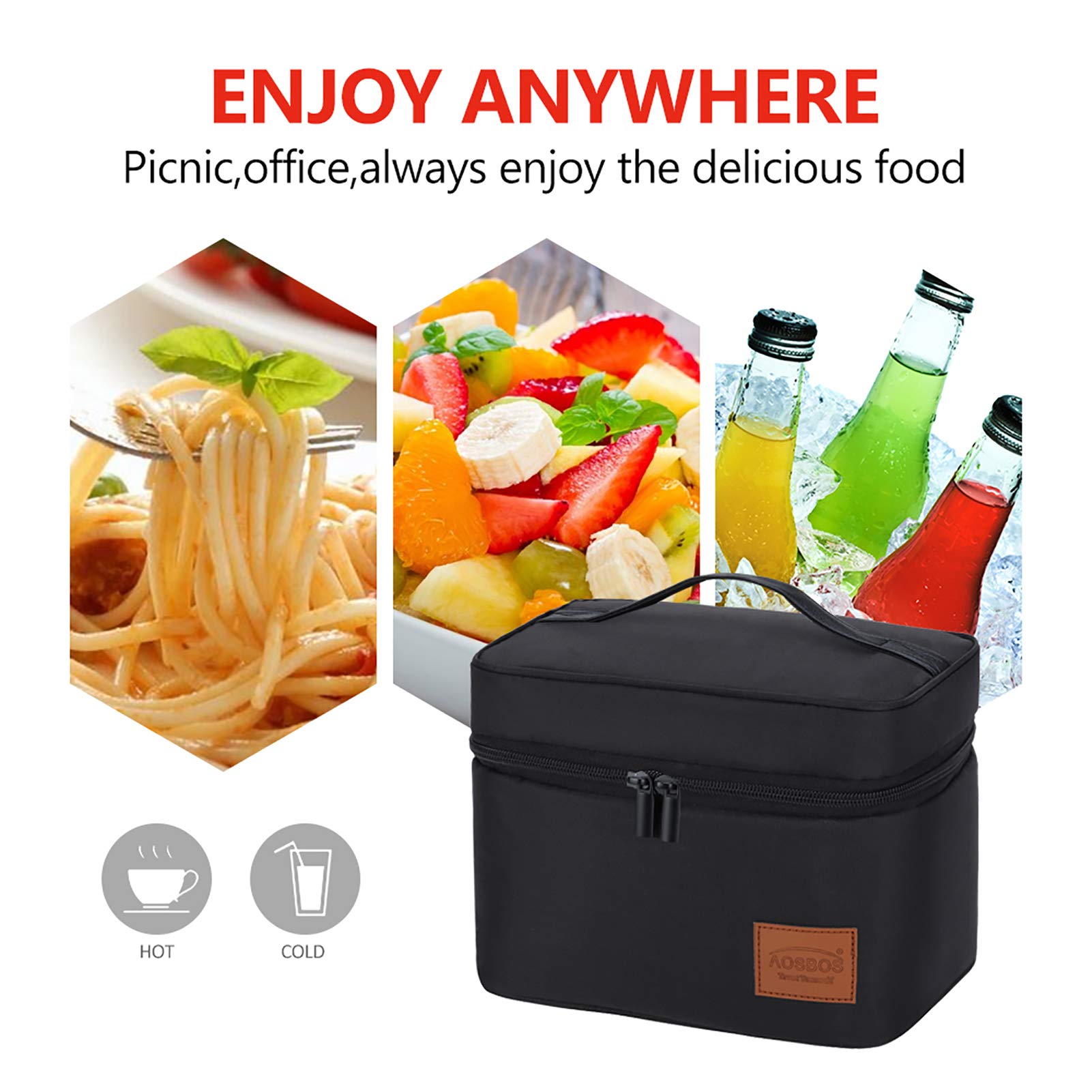 Aosbos Lunch Box Bag for Men Women Insulated Cooler Bags Thermal Bags LunchBag for Food Containers Meal Prep Organizer Adult Lunch Bags for Bento Box Work Office Picnic 7.5L Black