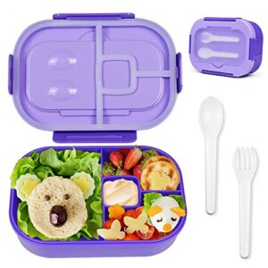 honzuen bento lunch box, 4-compartment lunch salad container, lunch box kit with spoon and fork, microwave safe meal prep containers for sandwich, pasta, fruit, travel (purple)