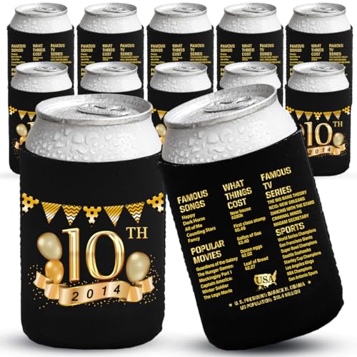 10th Birthday Can Cooler Sleeves Pack of 12, 10th Anniversary Decorations, 2013 Sign Back in 2013 old time information, Black and Gold 10th Birthday Cup Coolers