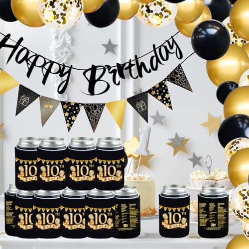 10th Birthday Can Cooler Sleeves Pack of 12, 10th Anniversary Decorations, 2013 Sign Back in 2013 old time information, Black and Gold 10th Birthday Cup Coolers