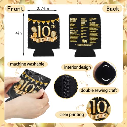 10th Birthday Can Cooler Sleeves Pack of 12, 10th Anniversary Decorations, 2013 Sign Back in 2013 old time information, Black and Gold 10th Birthday Cup Coolers