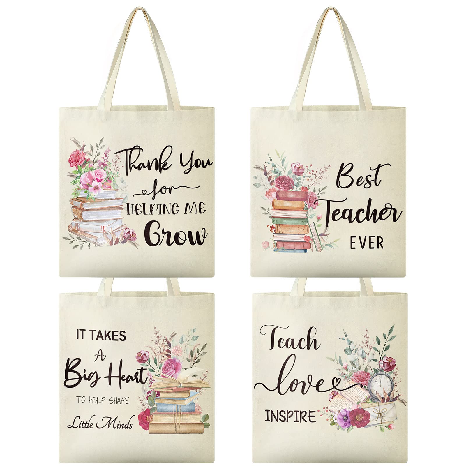 4 Pcs Teacher Tote Bag Appreciation Reusable Canvas thanks Gifts for Women with Interior Pocket for Friend Coworker