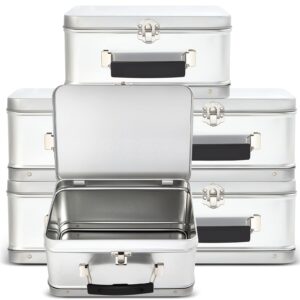 6 pack diy lunch box tin retro set 8 x 6 x 4 inches with hinged lids diy large fun box for storage blank design vintage metal lunch box for kids sandwich containers (silver)
