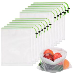 jsvsltd set of 12 reusable mesh produce bags - washable produce bags - 12 green medium (12"x14") see-through mesh produce bags for storage fruit, vegetable, toy