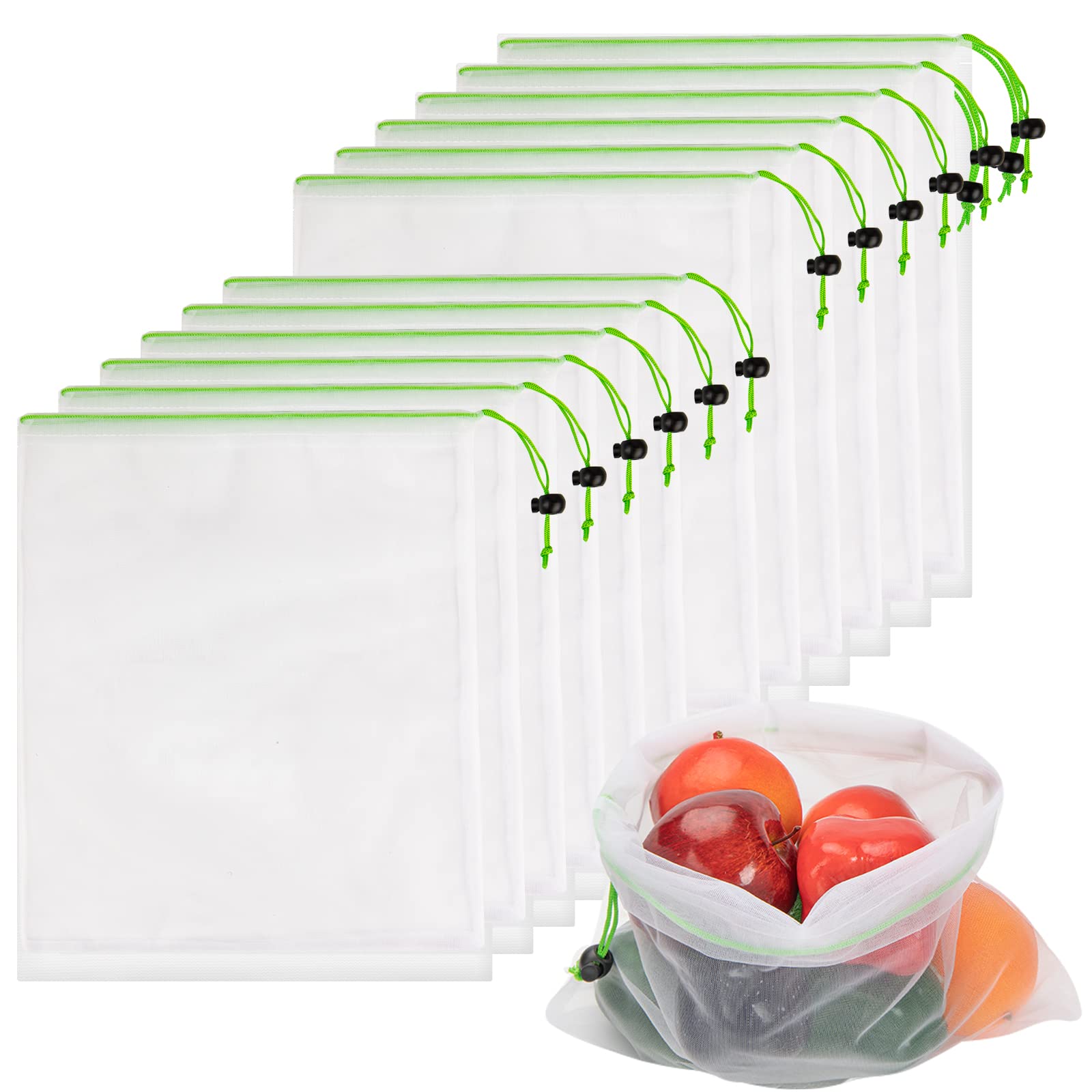 JSVSLTD Set of 12 Reusable Mesh Produce Bags - Washable Produce Bags - 12 Green Medium (12"x14") See-through Mesh Produce Bags for Storage Fruit, Vegetable, Toy