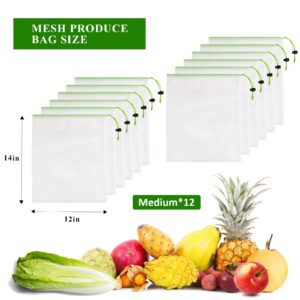 JSVSLTD Set of 12 Reusable Mesh Produce Bags - Washable Produce Bags - 12 Green Medium (12"x14") See-through Mesh Produce Bags for Storage Fruit, Vegetable, Toy