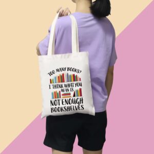 BDPWSS Book Lover Tote Bag For Women Bookworm Librarian Gift Book Club Reading Lover Reusable Shoulder Bag Funny Library Gift (Too many books TG)