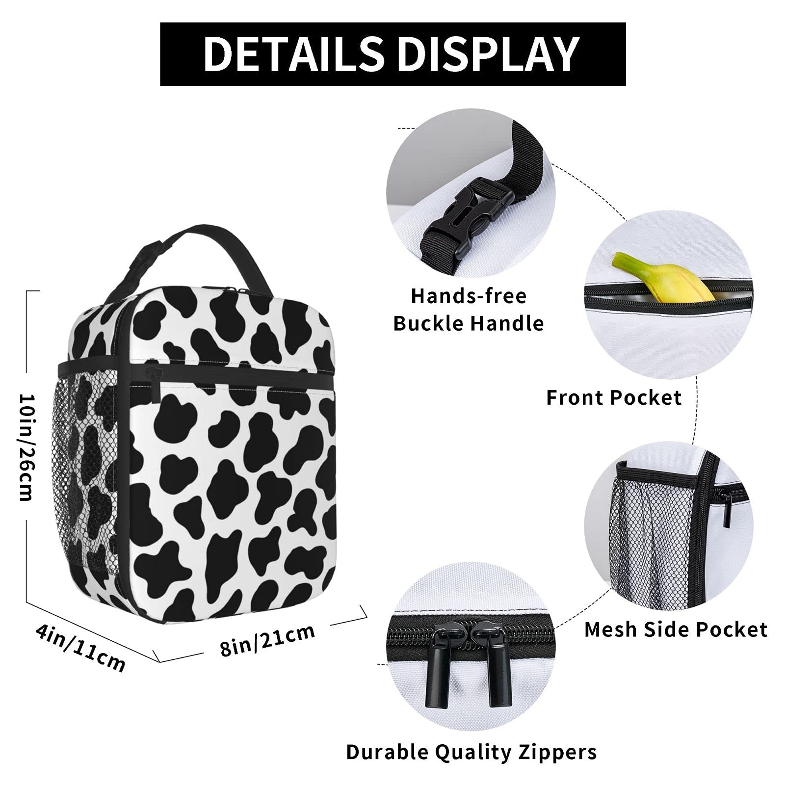 Insulated Lunch Box for Men and Women, Portable and Reusable Lunch Bag for Office Work and Picnic, Cow Print