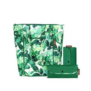 sachi 3 piece market tote set – insulated thermal reusable grocery bags for cold and hot foods – lightweight, portable and fold-able (green tropical leaf)