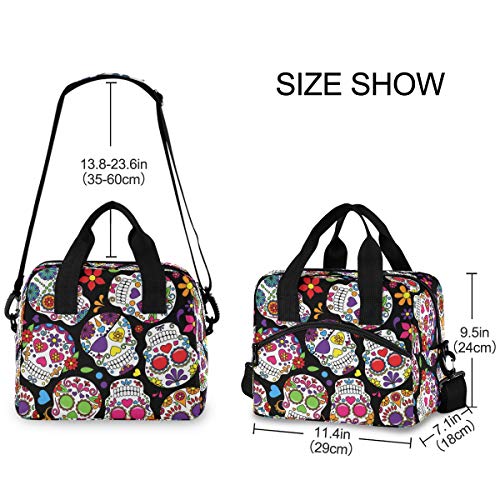 Qilmy Sugar Skull Lunch Bag Insulated Cooler Lunch Tote Bag with Adjustable Shoulder Strap for Office Work School Picnic Travel