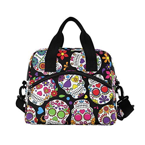 Qilmy Sugar Skull Lunch Bag Insulated Cooler Lunch Tote Bag with Adjustable Shoulder Strap for Office Work School Picnic Travel