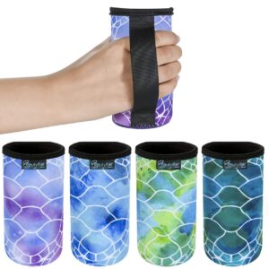 beautyflier 12oz slim can neoprene bottle insulator sleeve collapsible drink skinny can tall can cooler for 12 ounce energy drink beverage beer can (turtle pattern with handle (4 pcs))