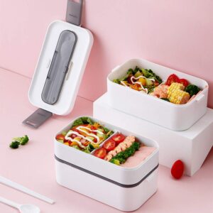 YFBXG Bento Box For Adults,Stackable Bento Lunch Container With Divider，Microwave Safe Leakproof Salad Lunch Container With Utensils & Lunch Bag (White)