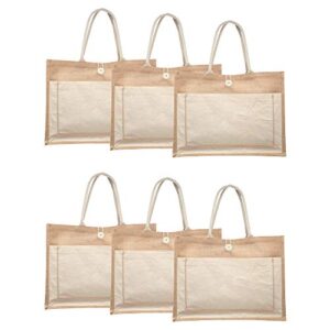 discount promos jute tote bags with cotton pocket set of 6, bulk pack - reusable, great for picnic, camping, beach, outdoor activities - natural
