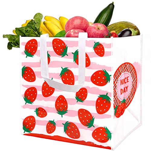 WorldBazaar Strawberry Shopping Bags Reusable Grocery Bags 8 PCS Groceries Handle Bags