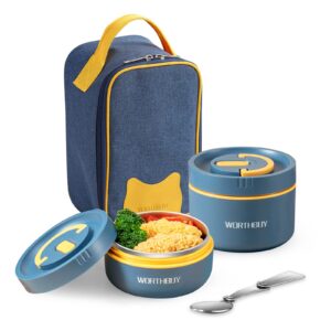 tilemiun portable insulated lunch containers set, microwave safe thermal lunch box for kids & aldults, 18/8 stainless steel leakproof food container with bag (blue 2pcs 34oz)