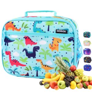 moriox kids dino lunch box, cute dinosaur insulated soft bag mini cooler back to school thermal meal tote kit for boys girls, teal