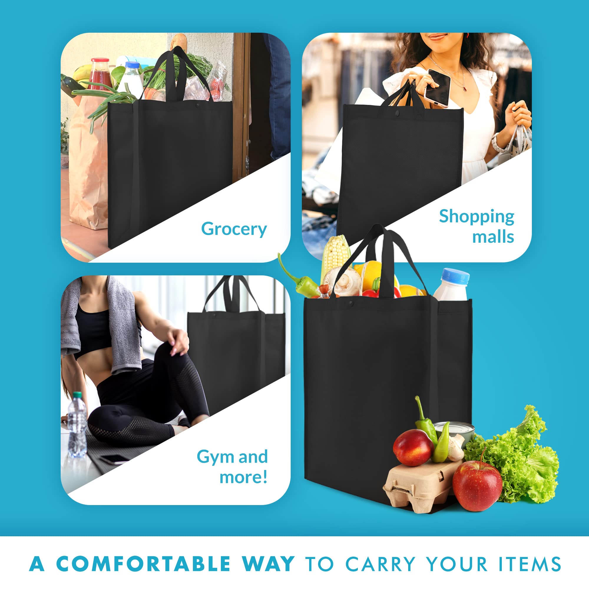 Simply Green Solutions - Reusable Grocery Bags, Durable Large Tote Bags, Shopping Bags for Groceries, Utility Tote, Reusable Gift Bags With Handles, 14 x 16.5 x 6, Pack of 10, Black