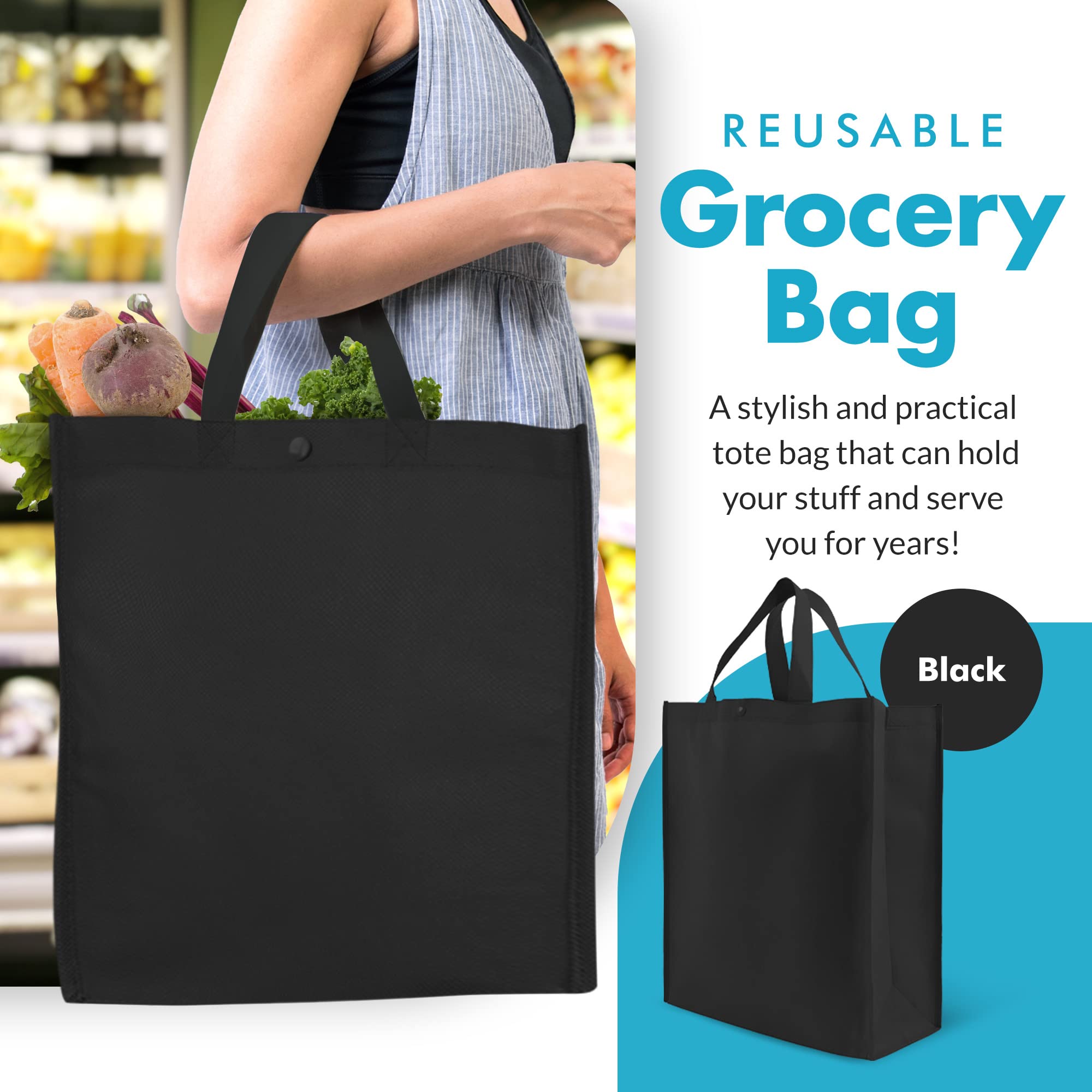 Simply Green Solutions - Reusable Grocery Bags, Durable Large Tote Bags, Shopping Bags for Groceries, Utility Tote, Reusable Gift Bags With Handles, 14 x 16.5 x 6, Pack of 10, Black