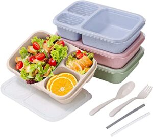 mcostar bento lunch box, 4 pack lunch box for kids, 3-compartment meal prep containers reusable, durable bpa free wheat straw food storage bento boxes suitable for schools, companies,work and travel
