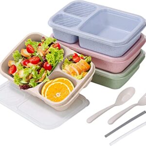 Mcostar Bento Lunch Box, 4 Pack Lunch Box for Kids, 3-Compartment Meal Prep Containers Reusable, Durable BPA Free Wheat Straw Food Storage Bento Boxes Suitable for Schools, Companies,Work and Travel