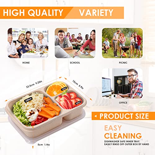 Mcostar Bento Lunch Box, 4 Pack Lunch Box for Kids, 3-Compartment Meal Prep Containers Reusable, Durable BPA Free Wheat Straw Food Storage Bento Boxes Suitable for Schools, Companies,Work and Travel