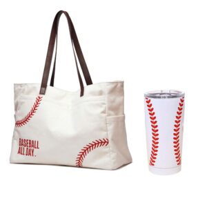 jiu hong chao baseball mom tote handbag & 20oz tumbler mugs packages baseball embroidery sports mom bag baseball themed gifts for women baseball coaches lover