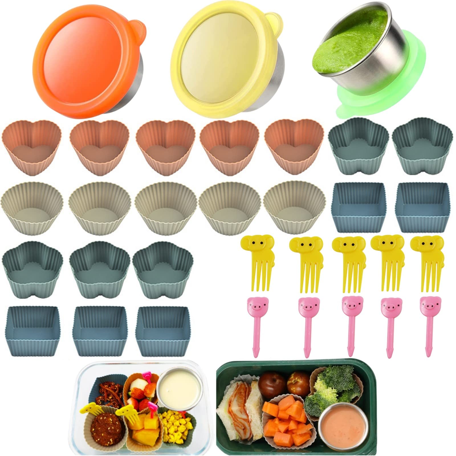 Gpurplebud Bento Box Accessories - 20 Pcs Silicone Lunch Box Dividers, 10PCS Food Picks, 3 x1.7 oz Salad Dressing Container To Go, Lunch Accessories for Bento Box