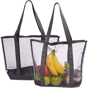 okuna outpost mesh tote bags with zipper for grocery shopping, beach (black, large, 2 pack)