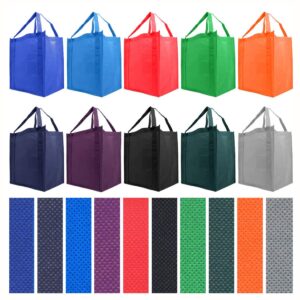 simply green solutions - reusable grocery bags, wide tote bags with 20-inch reinforced handle, shopping bags for groceries, reusable gift bags with handles, 13 x 15 x 10, 10 color variety, pack of 10