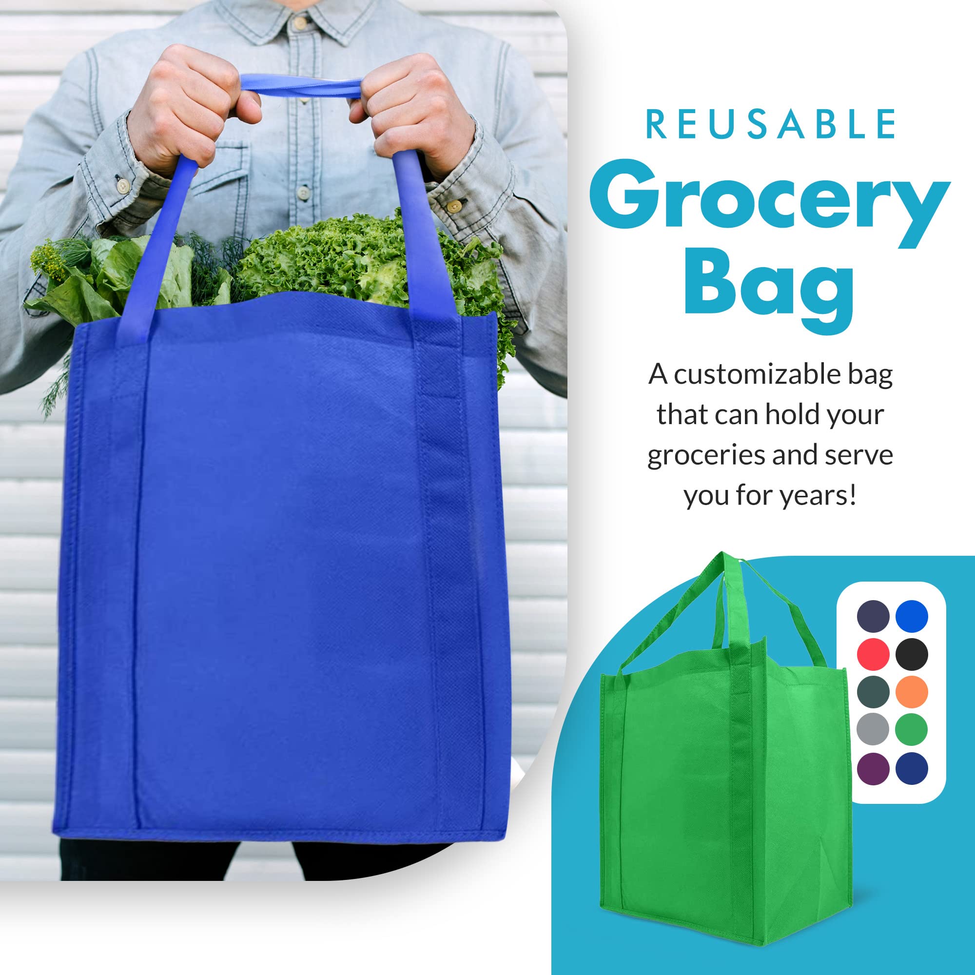 Simply Green Solutions - Reusable Grocery Bags, Wide Tote Bags with 20-Inch Reinforced Handle, Shopping Bags for Groceries, Reusable Gift Bags with Handles, 13 x 15 x 10, 10 Color Variety, Pack of 10