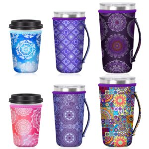 6 pcs reusable iced coffee cup sleeves mandala flower style cup cover coffee cup neoprene insulator sleeves suitable for hot cold coffee or ice drink for 16-32oz coffee beverage milk cold hot drinks